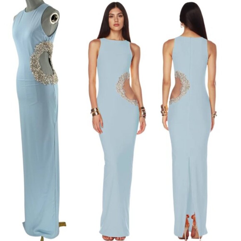 🆕 BRONX & BANCO 🧿 NWOT Camila Rhinestone Cutout Maxi, Powder Blue, Sz L US 8